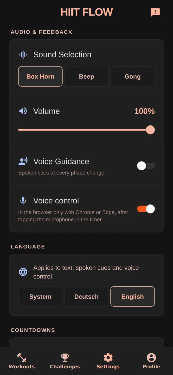 Settings for sounds, volume, voice announcements and voice control