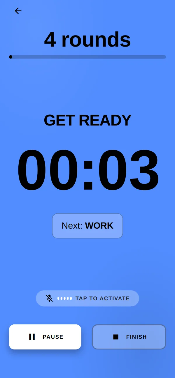 Timer before the start: get ready, 4 rounds, 00:03, work next