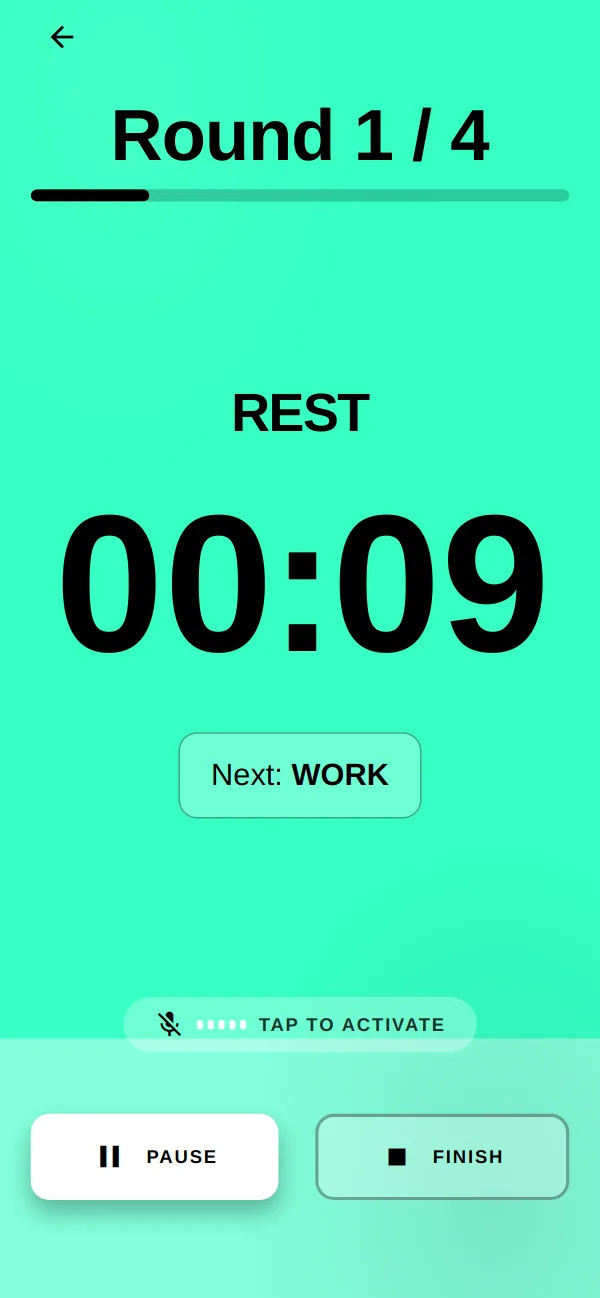 Timer in the rest phase: mint, round 1 of 4, 00:09, work next