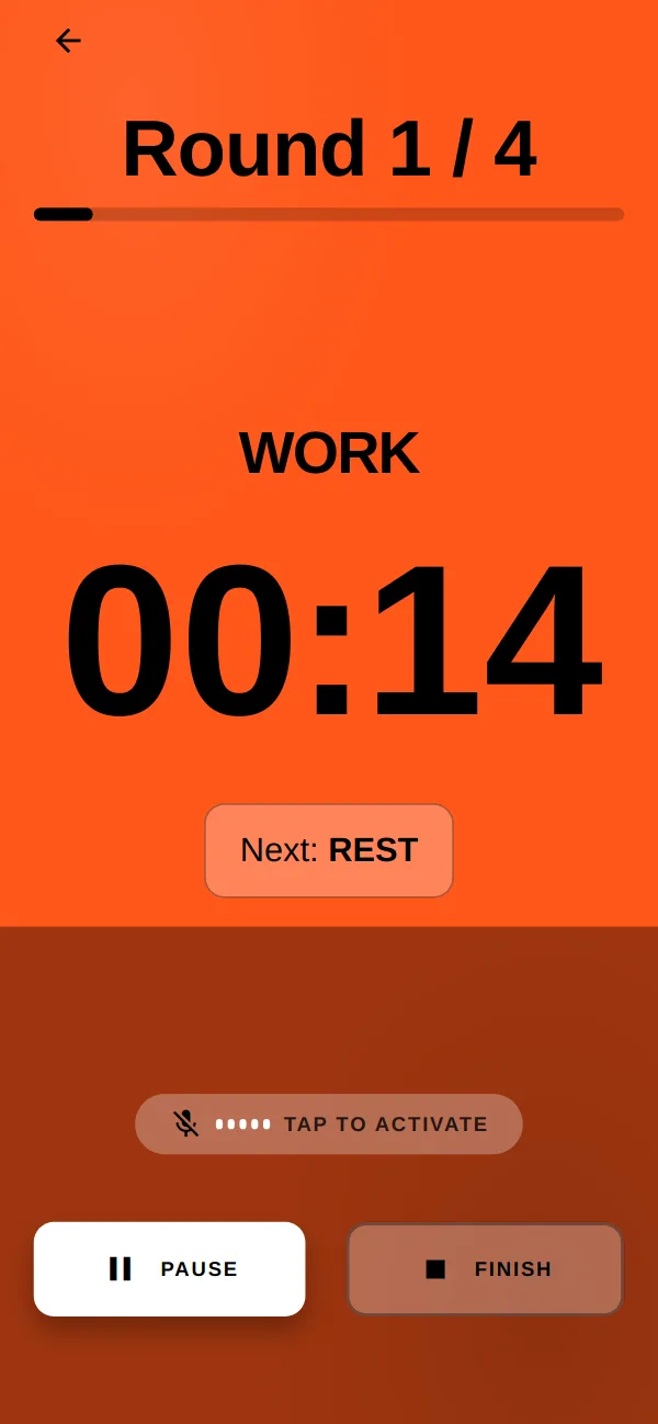 Timer in the work phase: orange, round 1 of 4, 00:14, rest next