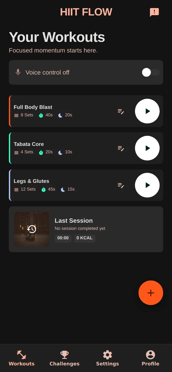 List of workouts with sets, work and rest times