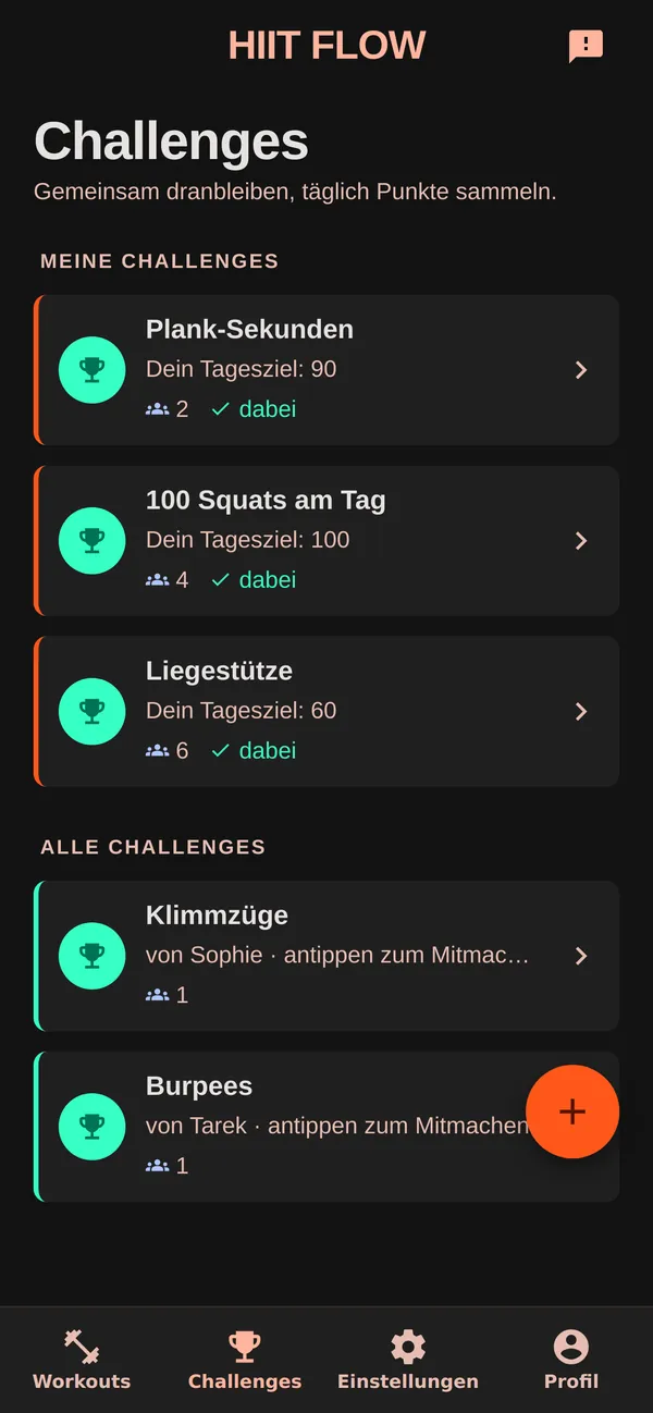 Übersicht der Challenges mit eigenen und offenen Challenges