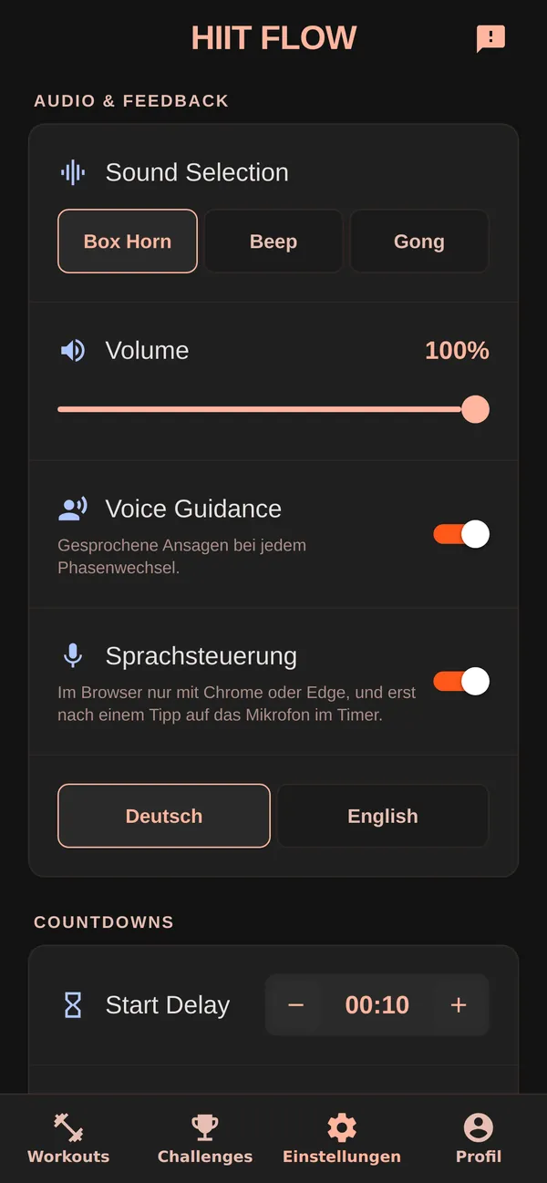Einstellungen für Töne, Lautstärke, Sprachansagen und Sprachsteuerung