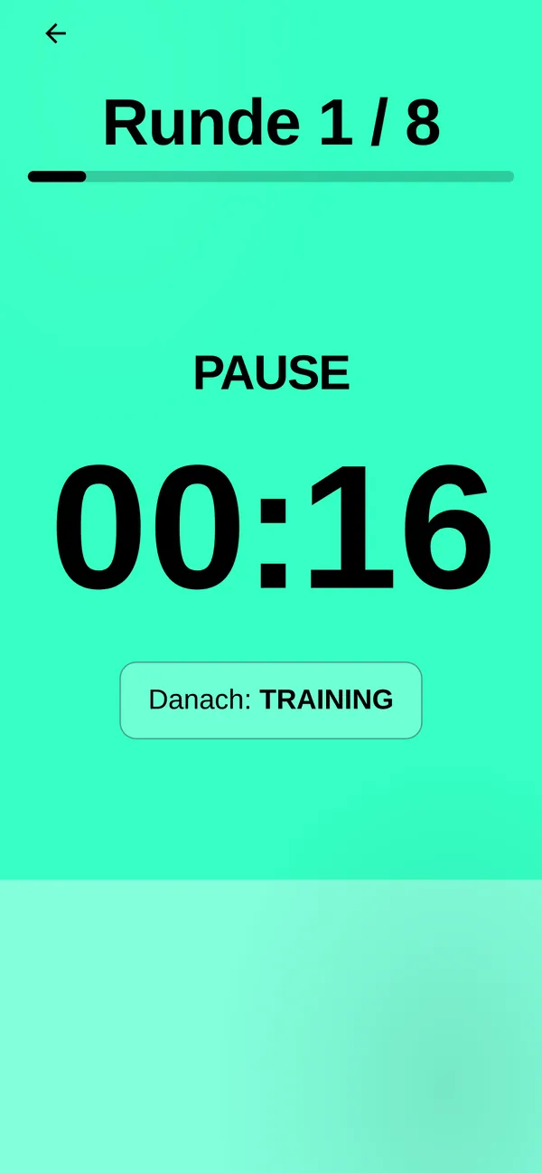 Timer in der Pausenphase: mint, 00:16, danach Training