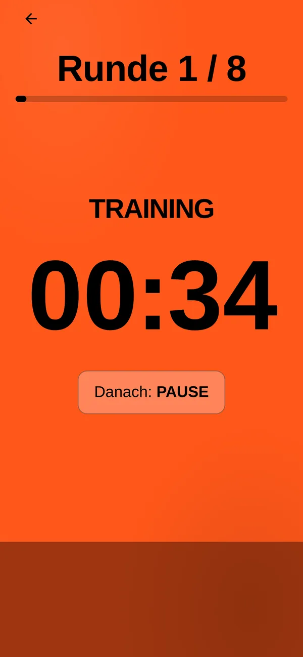 Timer in der Trainingsphase: orange, Runde 1 von 8, 00:34, danach Pause