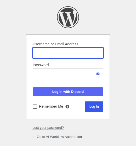 WordPress login screen with a Log in with Discord button