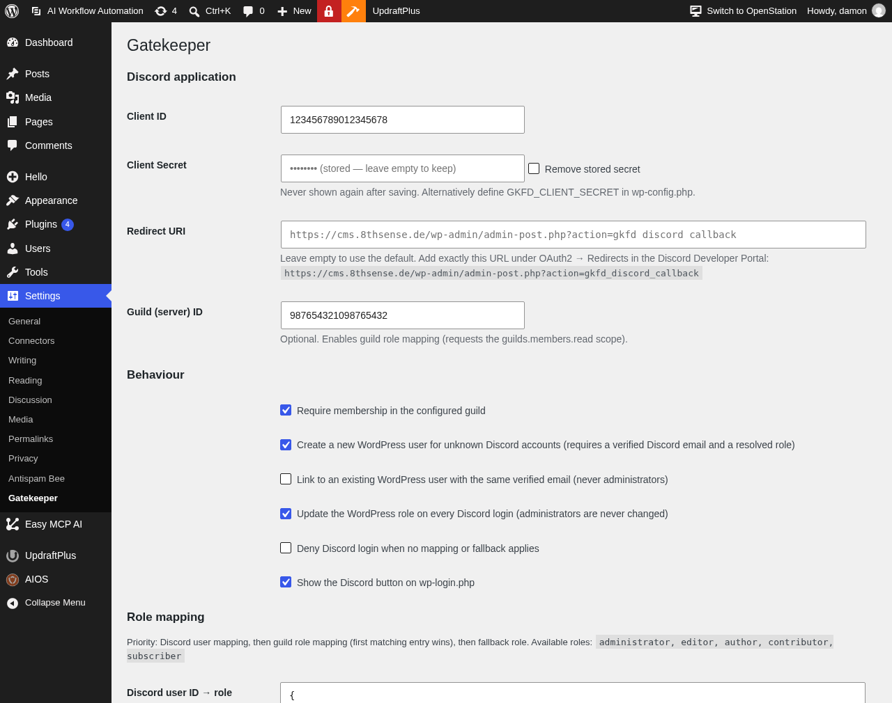 Gatekeeper settings page in the WordPress admin: Discord application, behaviour and role mapping