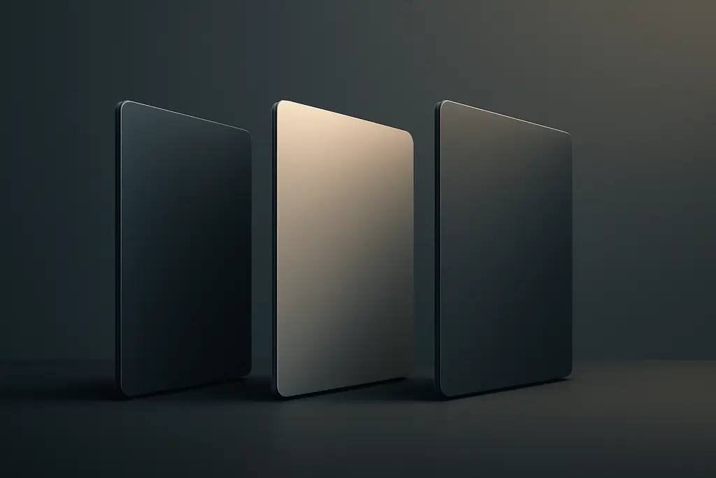 Drei geschlossene Laptops in einer Reihe auf dunklem Untergrund, der mittlere subtil heller beleuchtet